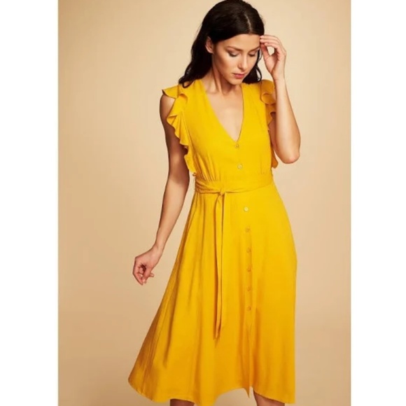 Yellow Buttondown Midi Dress Ruffles size XS, NEW - Picture 5 of 5